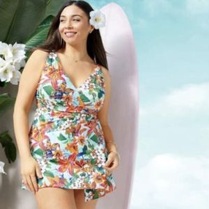 NEW Denim & Co Tropical Flower One Piece Swimsuit Pool Beach Vacation Ready
